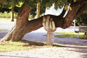 Community park with sculpture of hand supporting an old leaning tree