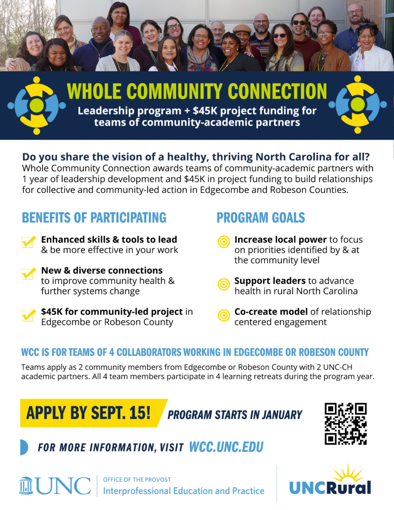 Whole Community Connection: Leadership program + $45K project funding for teams of community-academic partners. For more information, visit: wcc.unc.edu/apply