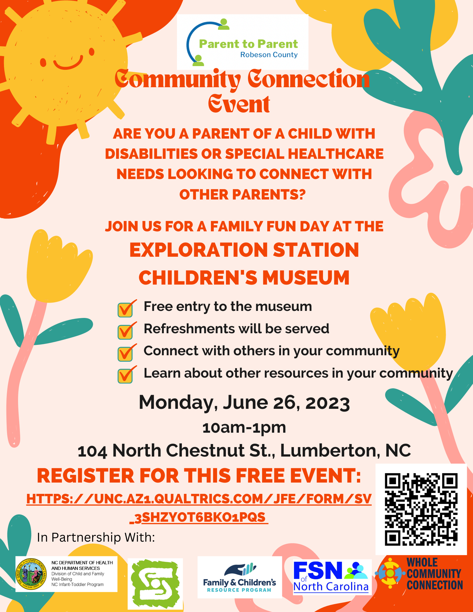 Free Community Connection Event for families with children with disabilities or special healthcare needs on June 26 from 10a-1pm at Exploration Station Children's Museum 104 North Chestnut Street in Lumberton, NC