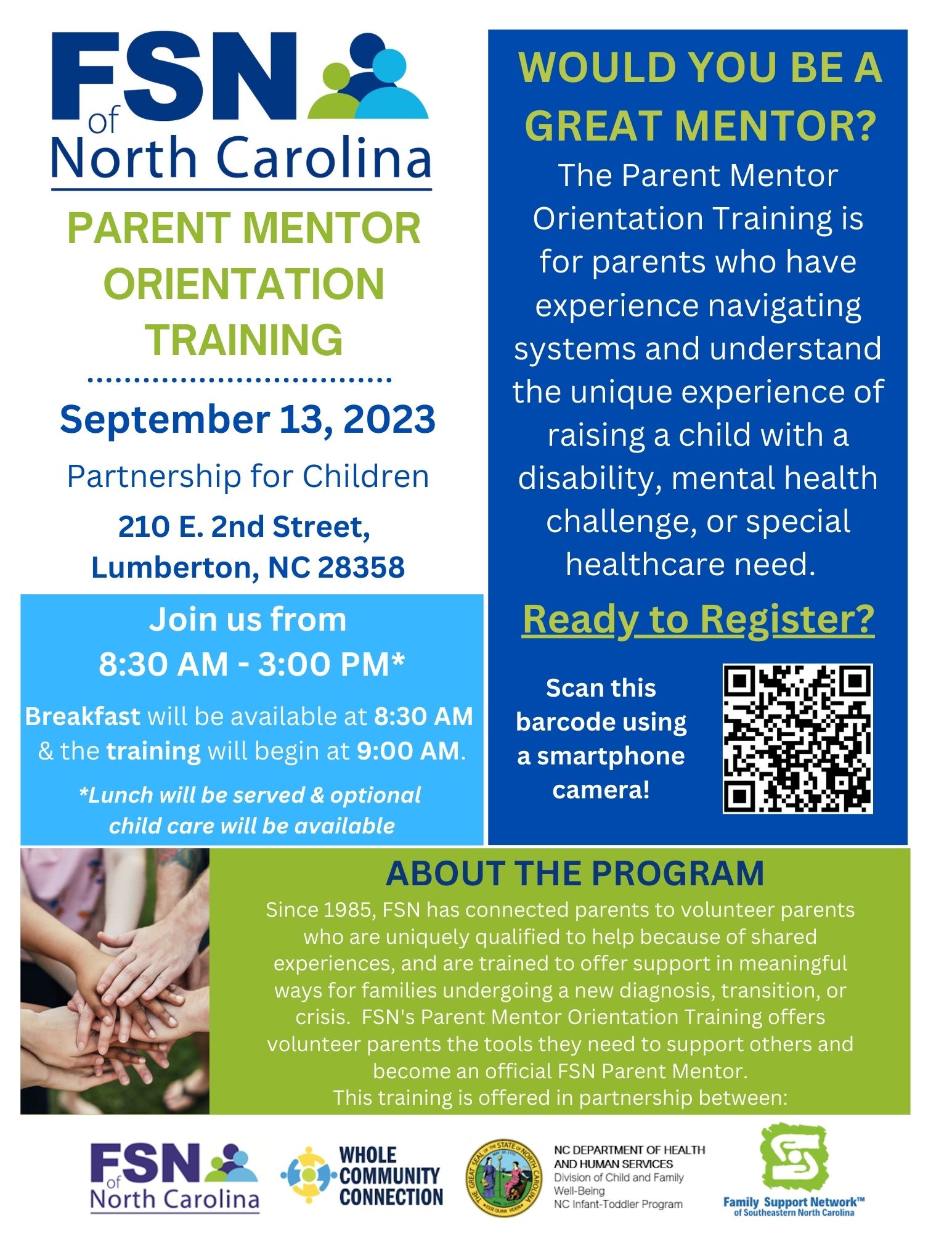 FSN of North Carolina Parent Mentor Orientation Training on September 13, 2023 from 8:30 a.m. to 3:00 p.m. at 210 E. 2nd Street, Lumberton, NC 28358